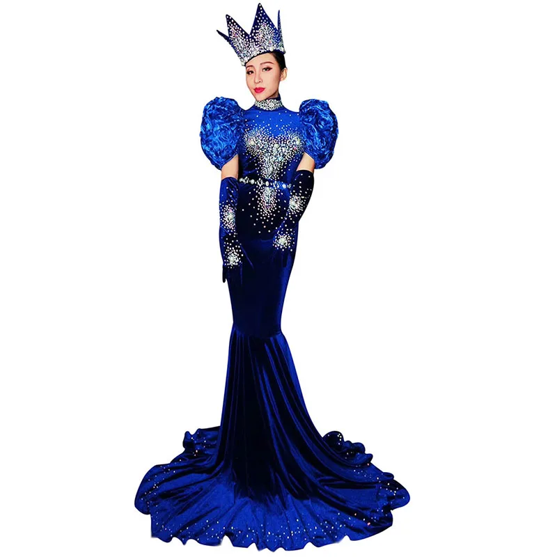 

Female Singer Costume Performance Stage Costume Women Dancers Singer Stage Wear Show DJ Blue Pleuche Rhinestone Trailing Swm