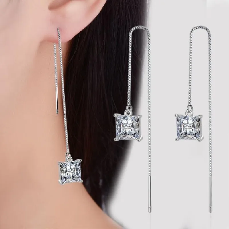

Long Temperament Combination 925 Sterling Silver Jewelry Four Square Crystal Box Ear Line Fashion Dangle Earrings SE298