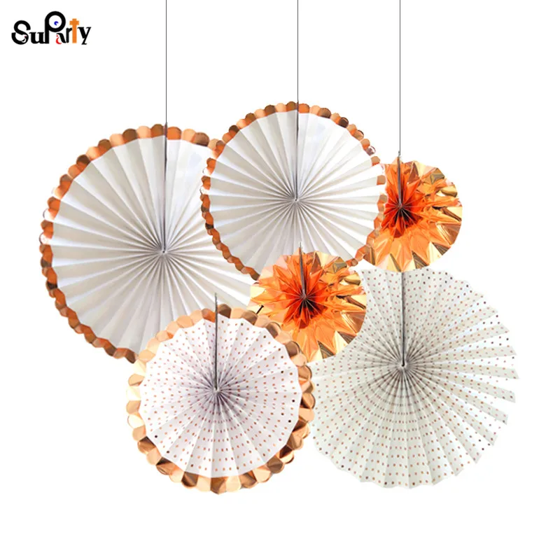 

1 set (6pcs) Rose Gold Paper Rosettes Foil Rose Paper Fan Baby Shower Decorations Wedding Bridal Shower Paper Fan Backdrop