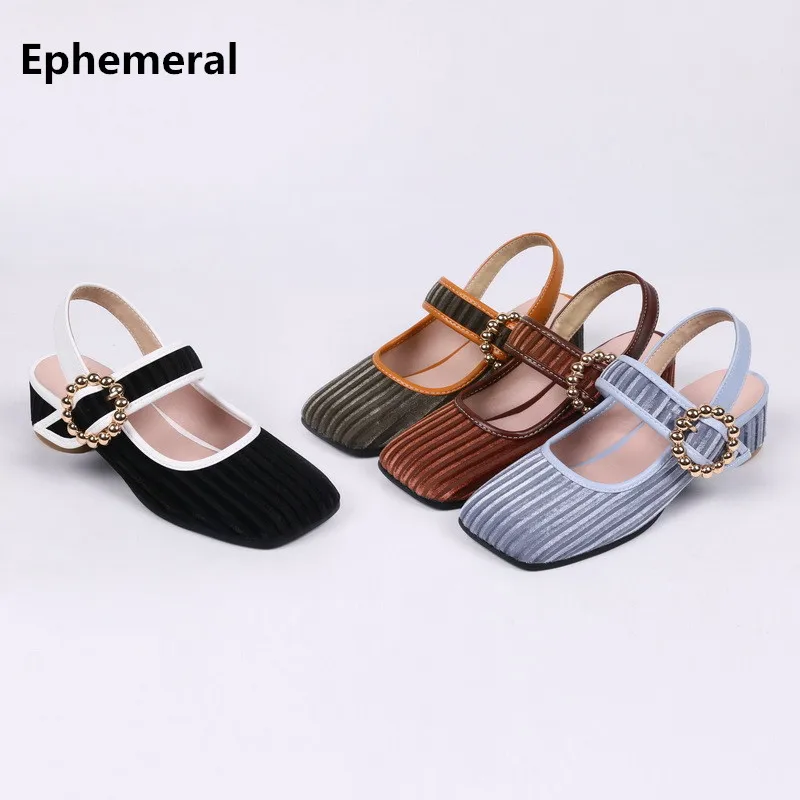 

Women High Heels Sandals with Beading Buckle Square Toe Patchwork Flock Med Heel Plus size 34 43 Strip Shoes Sandalias Zapatos