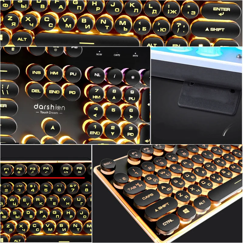 Goedkoop Gaming Russische Toetsenbord Retro Ronde Glowing Keycap Metalen Paneel Backlit USB Wired Metal Panel Verlichte Grens Waterdicht
