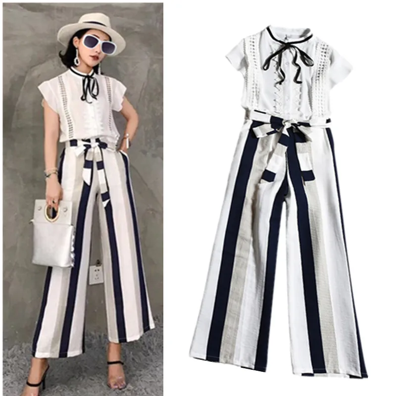 Europe Style Summer 2 Pcs Sets Women Flare Sleeve Ruffles Lace Up Blouses Shirts Tops And Stripped Print Pants Suit Set NS154