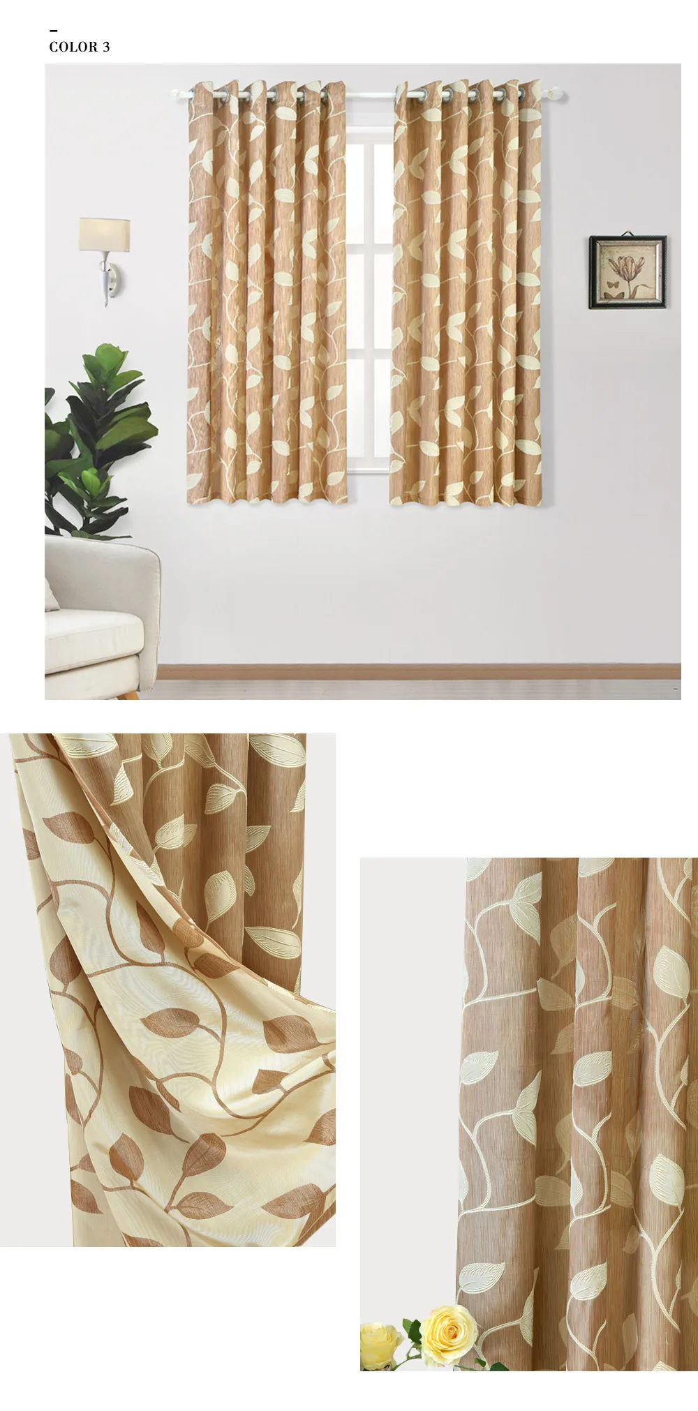 LOZUJOJU Pastoral Leaves Jacquard Short Drapes for Living Room Windows Thick Fabric Semi Shade Grommet Top Ready Made Modern (3)