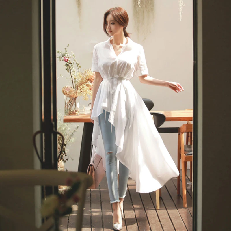 2019 الربيع و الصيف أنيقة النساء قمصان طويلة الأكمام بشق النساء قمصان قصيرة زر الصلبة بدوره إلى أسفل طوق