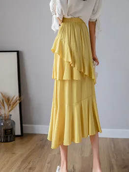 

Rush Cupcake Vacation Chiffon A -line Women's Skirts Middle Of The Wade Beach Girls Spring Summer Casual Rock Black White Yellow