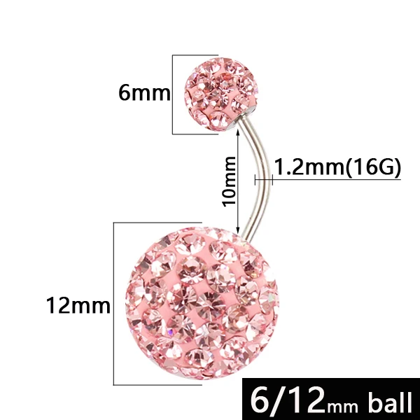 Belly button ring 6/12 mm ball 16G not allergic stainless steel piercing aurora white pink top quality navel bar body jewelry - Окраска металла: Pink length 10mm