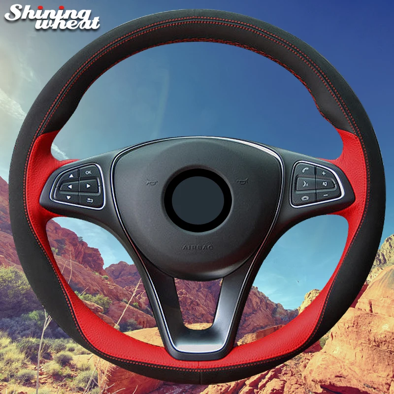 Hand Sew Black Suede Red Black Leather Car Steering Wheel Cover for Mercedes Benz C180 C200 C260
