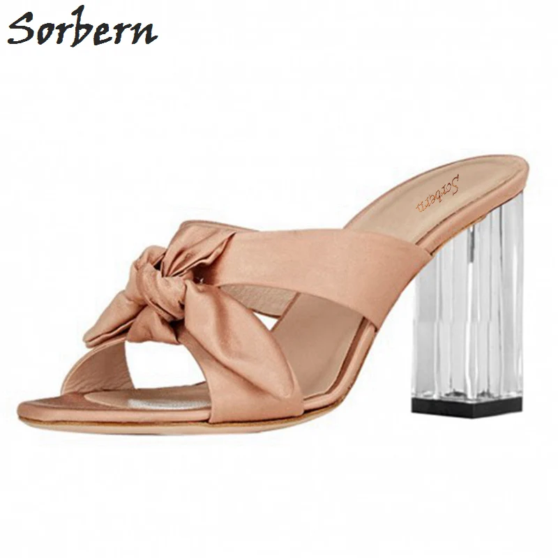 

Sorbern Elegant Women Shoes Slippers High Heel Transparent Clear High Heels Open Toe Cross-Tied Satin Bowknot Ladies Slides Shoe
