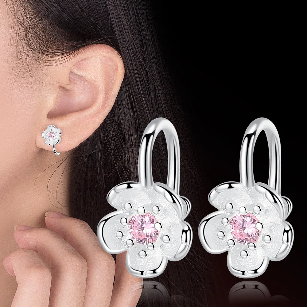 Anenjery Cherry Blossoms No Hole Ear Clips Silver Color Cherry Blossoms No Hole Ear Clips