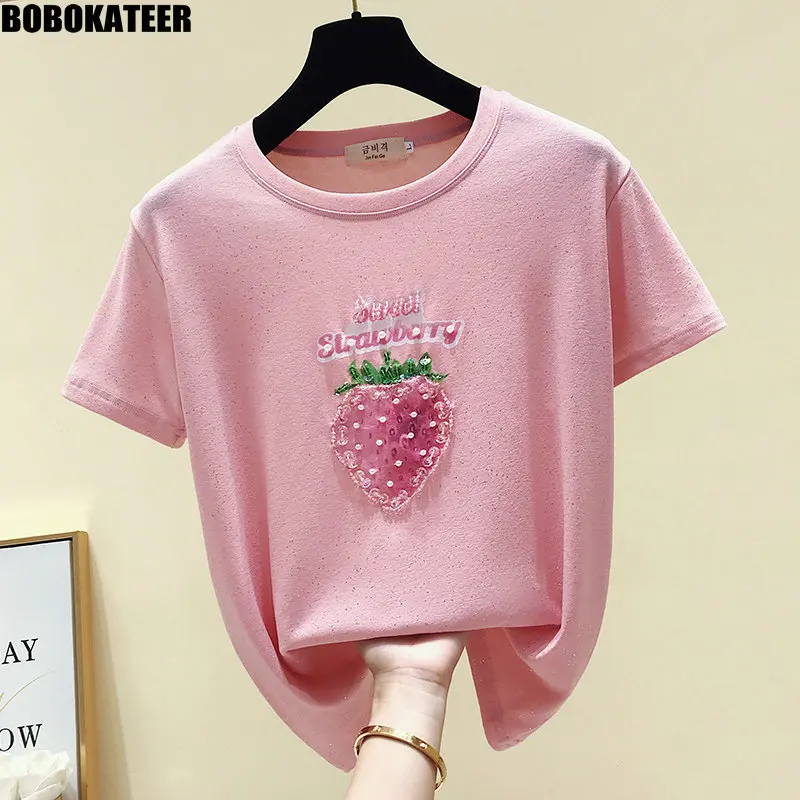 

BOBOKATEER Kawaii Pink Tshirt Top Korean Fashion White T shirt Women Clothes 2019 Casual Summer Tee Shirt Femme Short Sleeve New