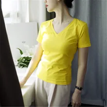 Женская футболка больших размеров 3xl, новинка, женский летний топ с v-образным вырезом, одноцветная хлопковая Студенческая футболка в Корейском стиле ZY3720
