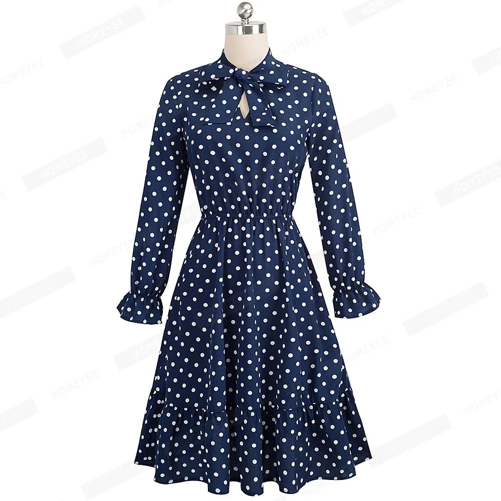 Spring Autumn Long Sleeve Swing Skater Women Dress Vintage Polka Dot Prom Office Party Dress EA130