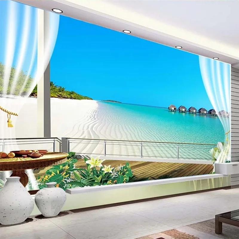 

Custom Wall Mural HD Balcony Maldives Sea View Photo Wallpaper Living Room TV Sofa Theme Hotel Backdrop Wall Decor 3D Wall Paper