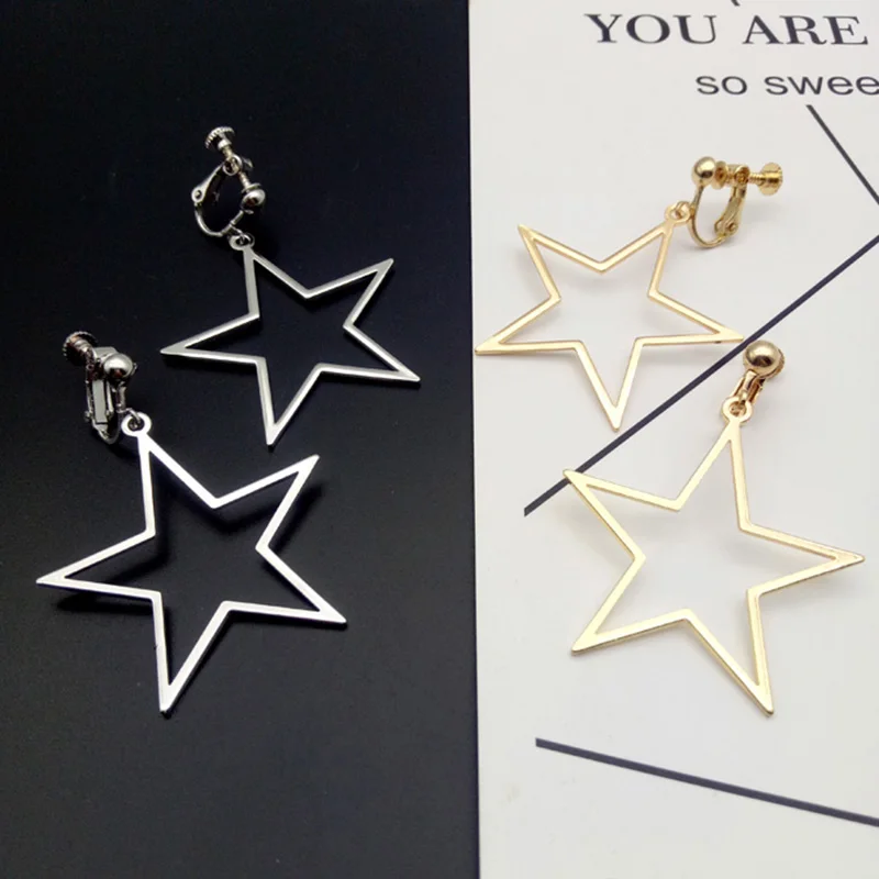 

2017 New Arrival Big Five-pointed Star Clip on Earrings Non Piercing for Women Party Fashion Cute No Hole Ear Clip Not Allergy