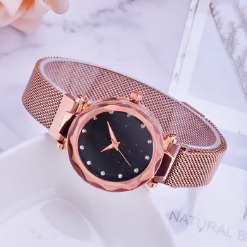 

2019 Fashion Mesh Ladies Clock Magnet Buckle Starry Diamond Geometric Surface Casual Dress Quartz Wristwatch Women Watches