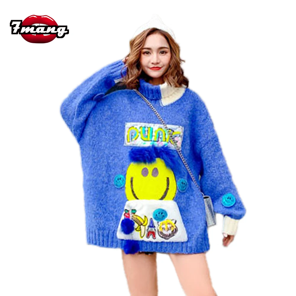 

7mang 2018 winter women street loose long turtleneck cartoon sweater long sleeve sequins cute party warm mesh sweater