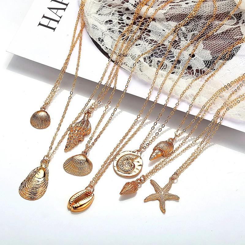

Vintage Gold Shell Starfish Cowrie Pendant Necklaces For Women Girls Simple Ocean Beach Boho Jewelry Charm Seashell Choker New