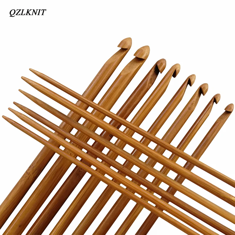 

QZLKNIT 14 sizes 35cm Carbonized Bamboo Afghan Tunisian Crochet Hook one hook and one knitting DIY Sweater knitting craft needle