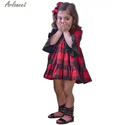 ARLONEET/Рождественская одежда для маленьких девочек, популярное красное клетчатое платье с круглым вырезом и фонариком, Детские хлопковые