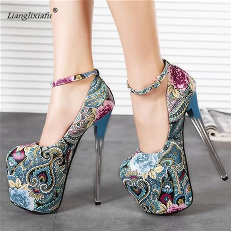 LLXF zapatos Plus:34-45 46 47 Catwalk Shows 2017 Nightclub Sexy 19cm High-heeled Ethnic Shoes woman Stiletto female Buckle Pumps