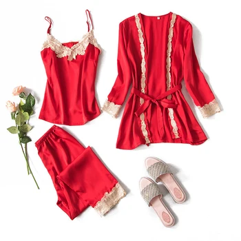 

Ladies 3PCS Strap Shirt&Pants&Robe Home Wear Lace Floral Collar Nightwear Suit Silky Casual Pajamas Set Sexy Sleepwear M-XL