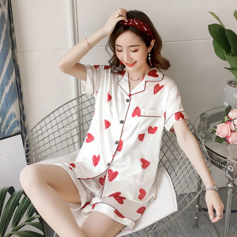 

Girls Two Piece pajamas Summer Silk Cardigan Pyjamas Set for Women elegant Home Clothes cute Print Short Pant Sexy Sleepwear Set