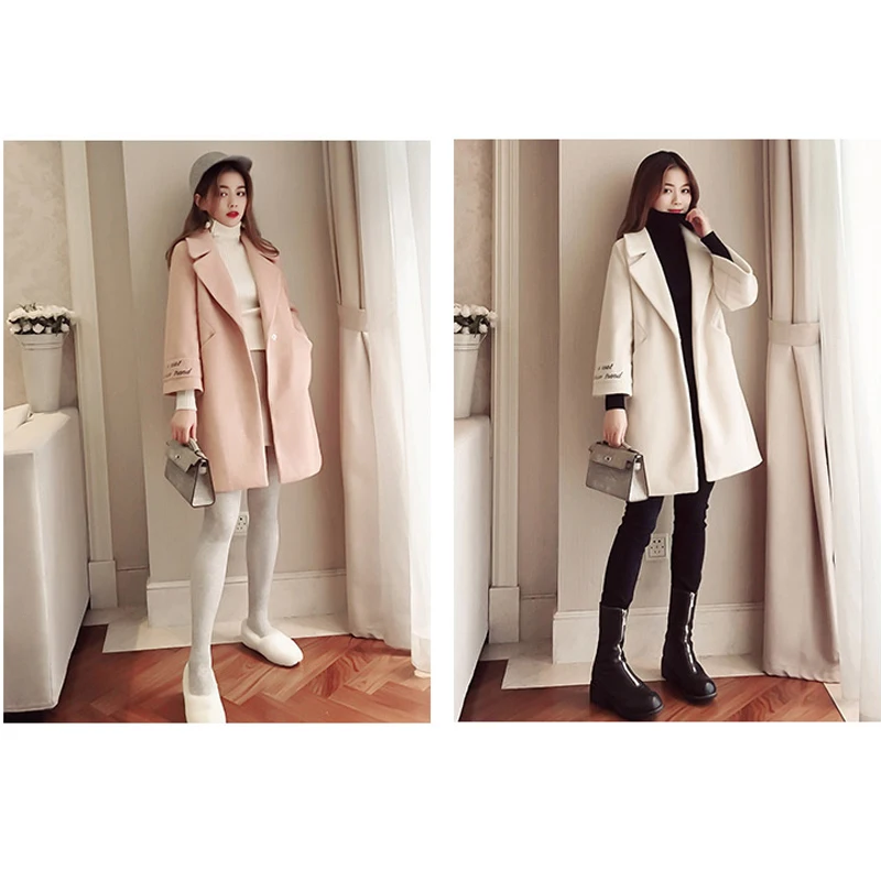 Wool Blend Coat Women Long Sleeve Turn-down Collar Outwear Jacket Casual Autumn Winter Elegant Overcoat Pink Camel Coat