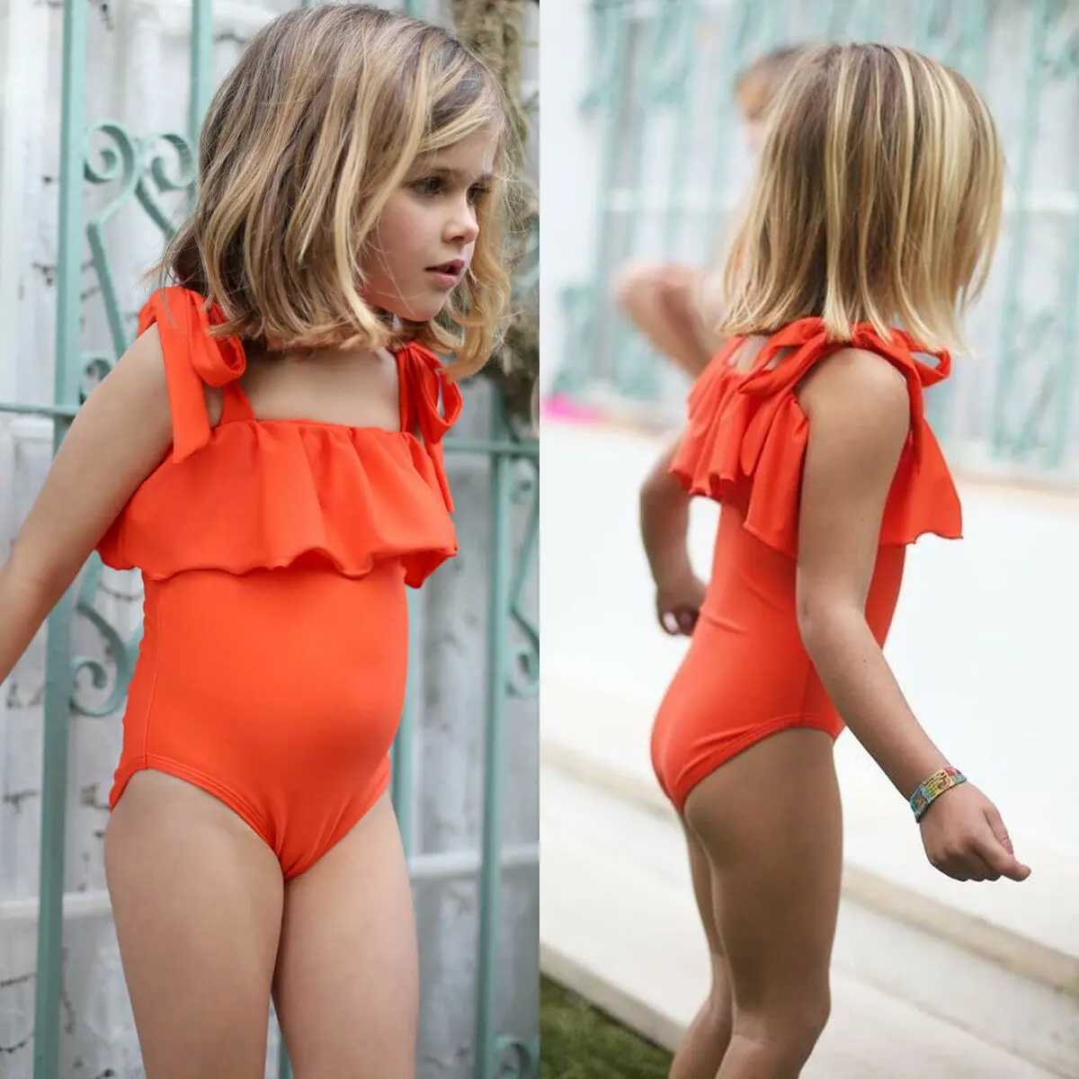 girls orange swimsuit