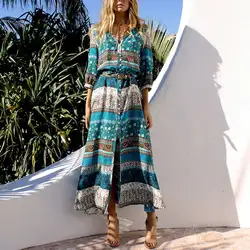 Новинка 2017 модные M-2XL богемный Бохо Для женщин летние пляжные повседневные винтажные цветочный принт глубокий v-образный вырез кнопку