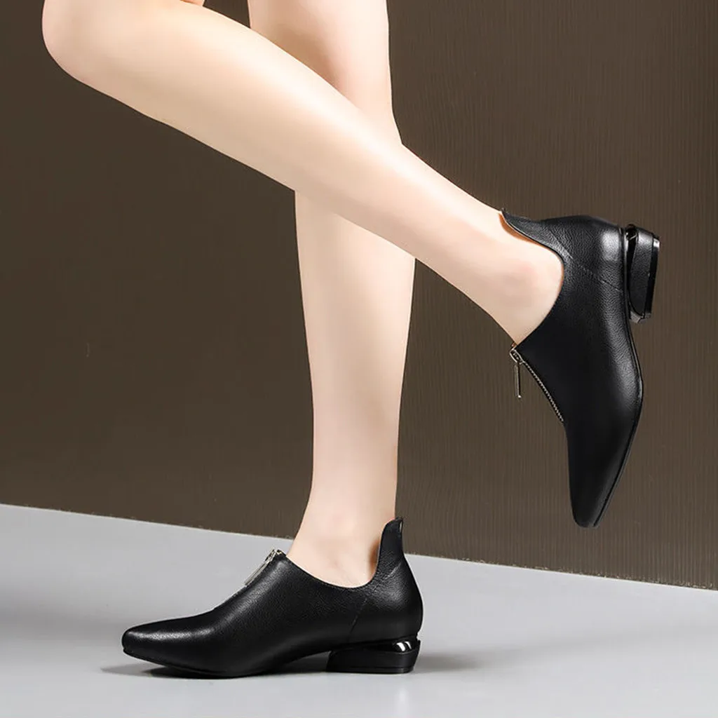 Женские модные однотонные кожаные туфли на низком квадратном каблуке с острым носком на молнии