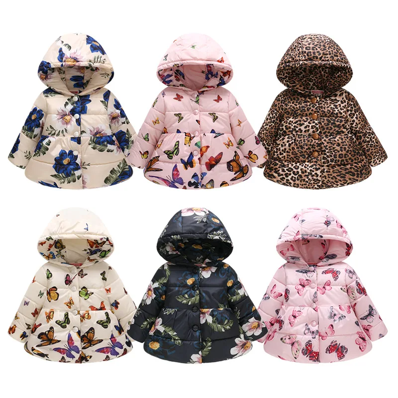 Куртка для девочек; Осень-зима г.; теплое пальто с капюшоном на пуговицах с цветочным принтом и принтом бабочки; Верхняя одежда для маленьких девочек; одежда для детей