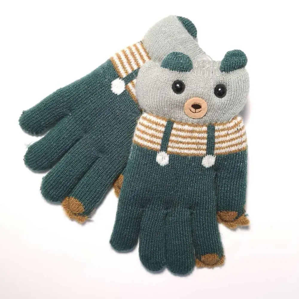 Высокое качество зимние детские пальцы теплые вязаные перчатки для мальчиков и девочек мода картонный медведь перчатки дети От 4 до 6 лет - Цвет: dark green