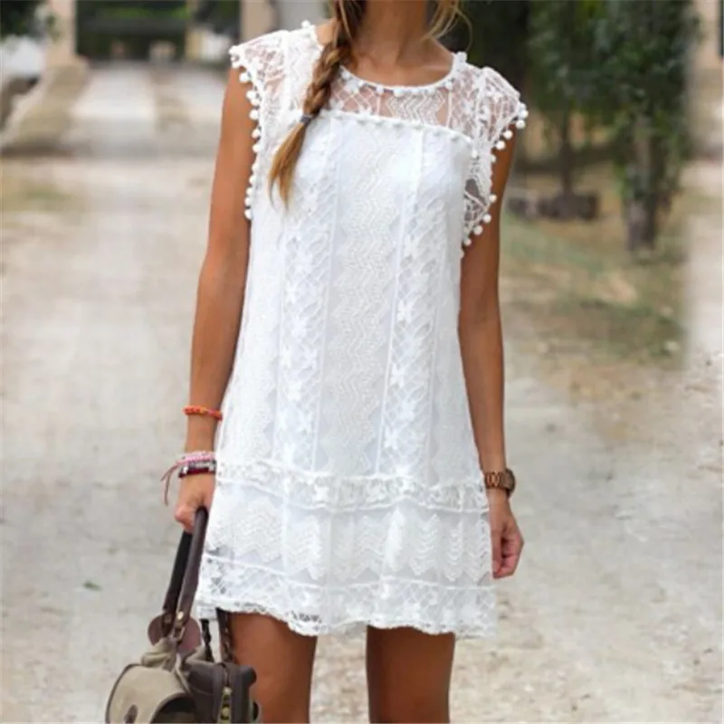 

Women Lace Dress Summer Sexy O Neck Sleeveless Swing Dress Solid White A-Line Casual Party Mini Dresses Holiday Femme Vestidos