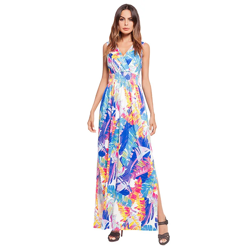 

2018 Summer Ladies Sexy Print Dress Colorful Slit Bohemia Beach Dress V-neck High Waist Party Dresses