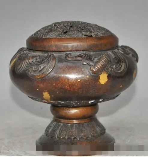 

S01155 6"Chinese palace bronze gilt wealth 5 bat flower statue incense burner Censer B0403