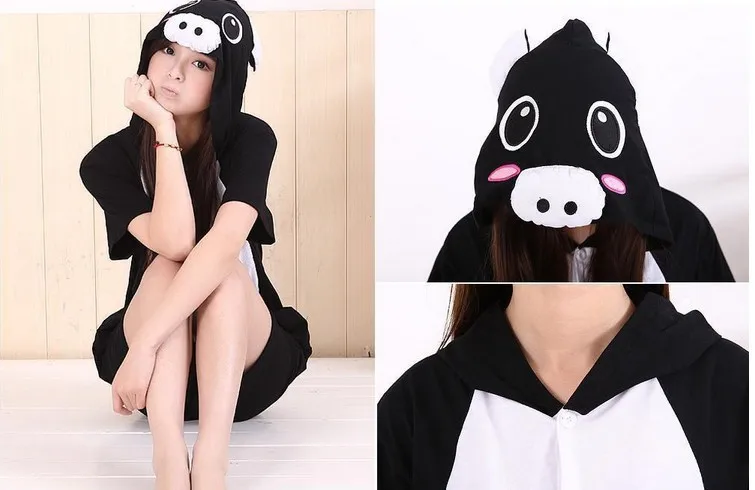 Animal Black Pig Onesie for Women Men Adult Cos Party Pajamas Summer CottonMesh Sleepwear Cute Cartoon Pyjamas SMLXL