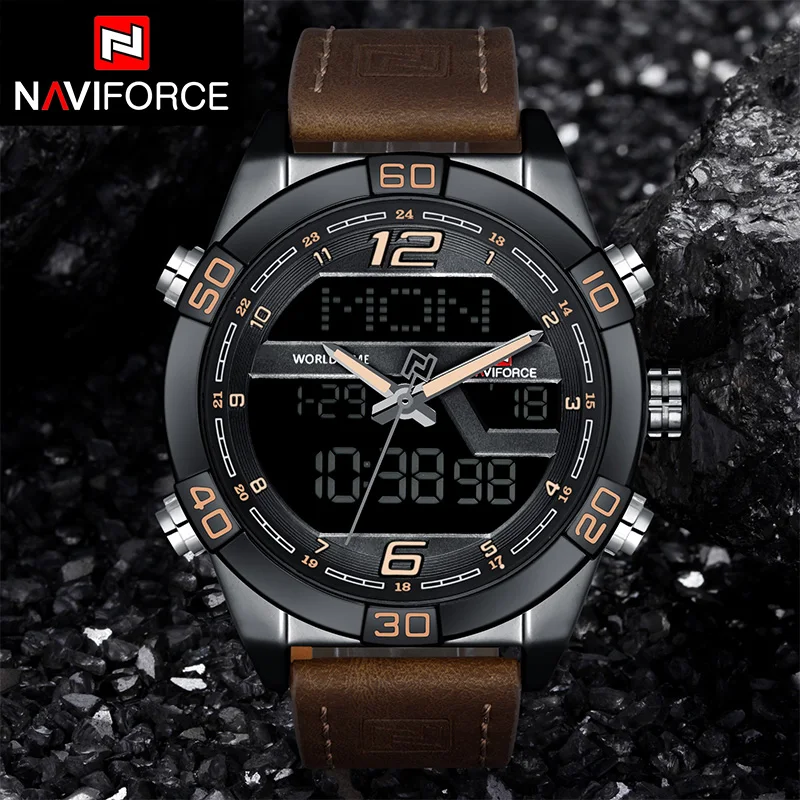 

NAVIFORCE Brand Men Sport Watches Fashion Casual Waterproof Quartz Wristwatches Analog LED Dual Display 12/24 Hour Date Clock