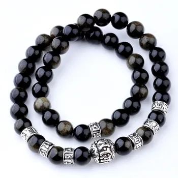 

Natural Obsidian Beaded Bracelet 925 Silver OM Mani Padme Hum Beads Bracelet Lover's Jewelry Bracelet