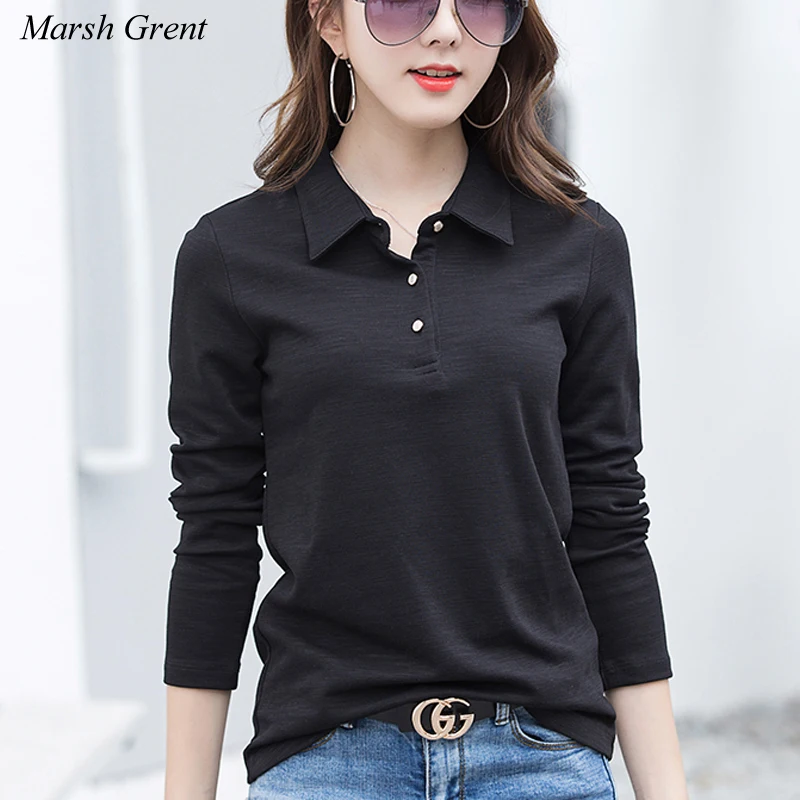 

Cotton T-Shirts Women's Turn-down Collar Long sleeve Autumn Winter Slim Basic T shirt Casual Tops Big Size 3XL 4XL