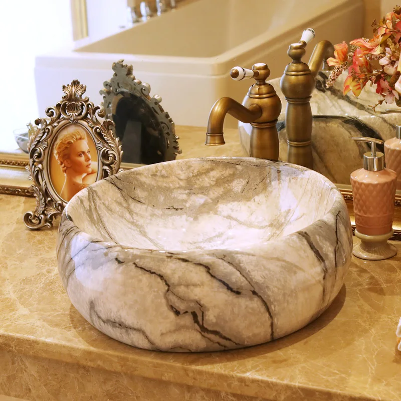 Imitated marble art ceramic basin archaize ceramic wash basin round counter top bathroom sinks (4)