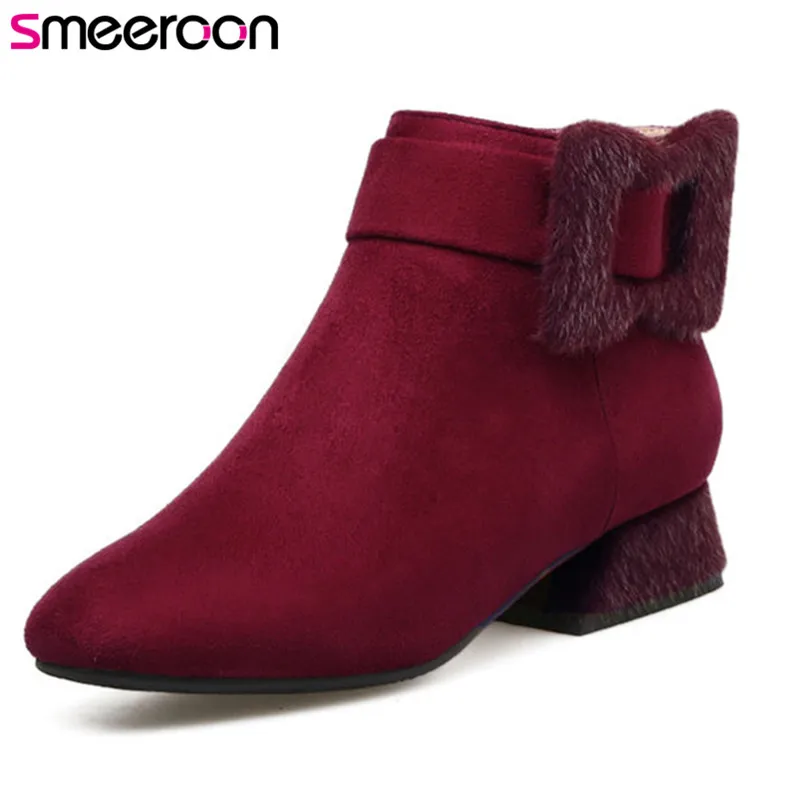 Stiefeletten Smeeroon Winter Zip Flock Große Damen wein Med Karree Qualität Heels Hohe Stiefel rot Mode Frauen Schuhe Schwarzes Größe Herbst PPwqrSY