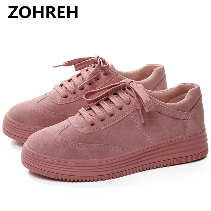 

ZOHREH 2018 Genuine Leather Women Sneakers Fashion Pink Shoes for Women Lace up White Shoes Creepers Platform Shoes