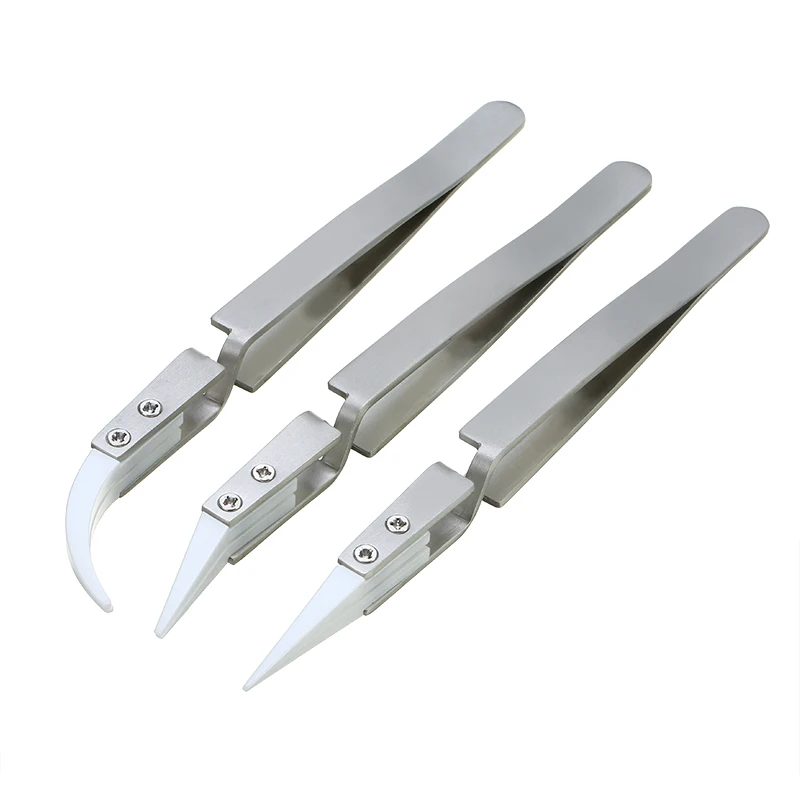 

3pcs Anti-static Stainless Steel Ceramic Tweezers Set Curved Straight Tip Precision Tweezers Insulated Heat Resistant Hand Tools