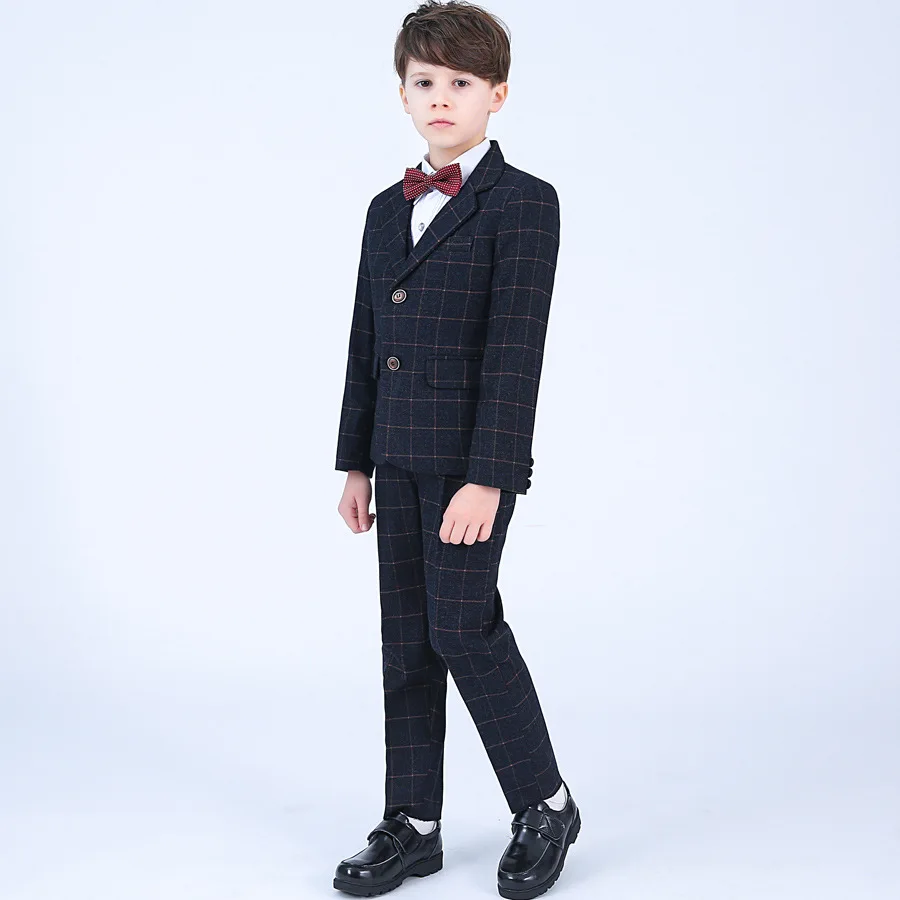 Formal Children 4pcs Dresses Suits Set Flower Boys Wedding Piano Performance Prince Costume Kids Blazer Shirt Pant Bowite Outfit