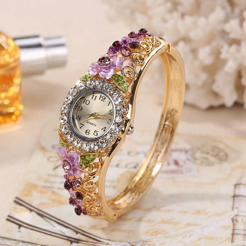 Роскошные золотые женские часы-браслет с цветочным дизайном, элегантные женские наручные часы из сплава с кристаллами, ЖЕНСКИЕ НАРЯДНЫЕ часы, Reloj Mujer