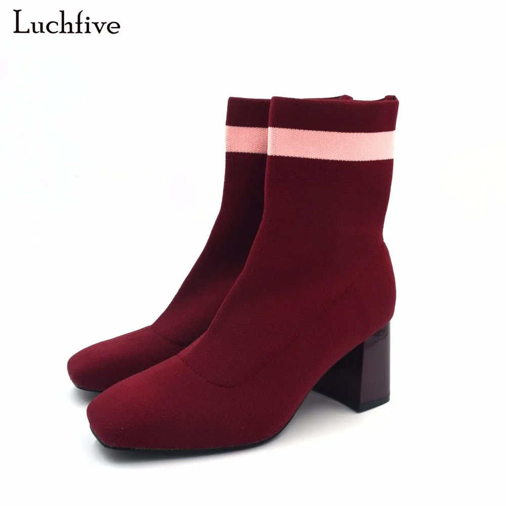 

Luchfive red black stripe high Heels Knitted Ankle Boots for women Elastic Wool Stretch Short boots Slip On fetish sock boots