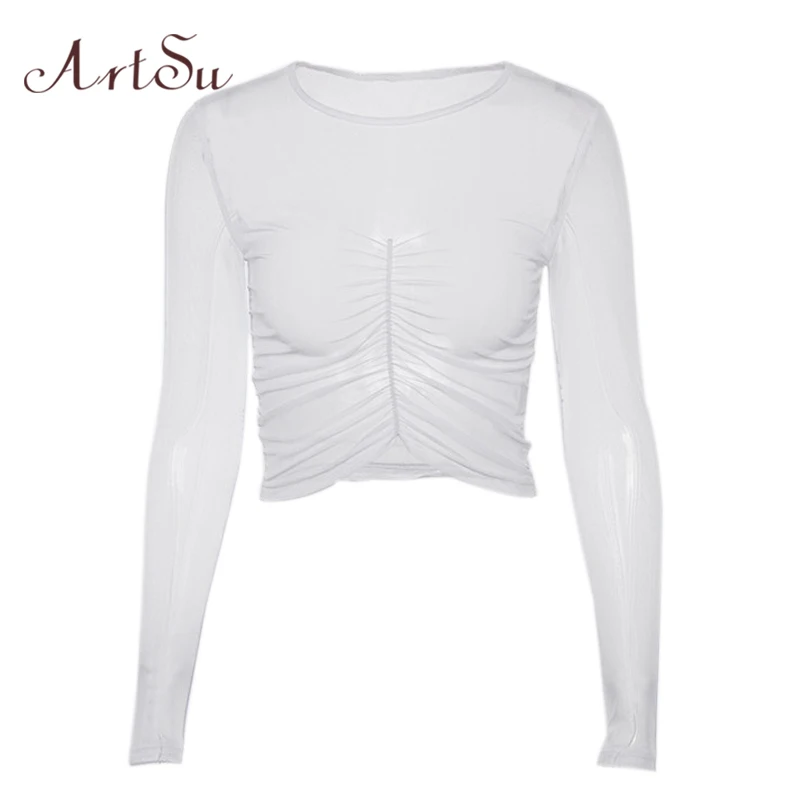 

ArtSu Autumn Sexy Clubwear Long Sleeve Transparent Top Black Basic Tshirt Mesh Crop Top Punk Tee Shirt Femme ASTS20555