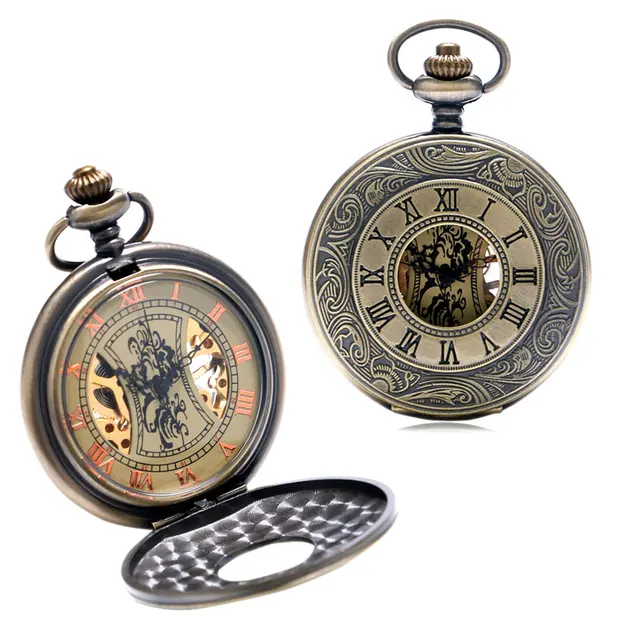 Vintage Bronze Dual Display Roman Numberals Mechanical Hand Wind Pocket Watch wi Vintage Bronze Dual Display Roman Numberals Mechanical Hand Wind Pocket Watch wi