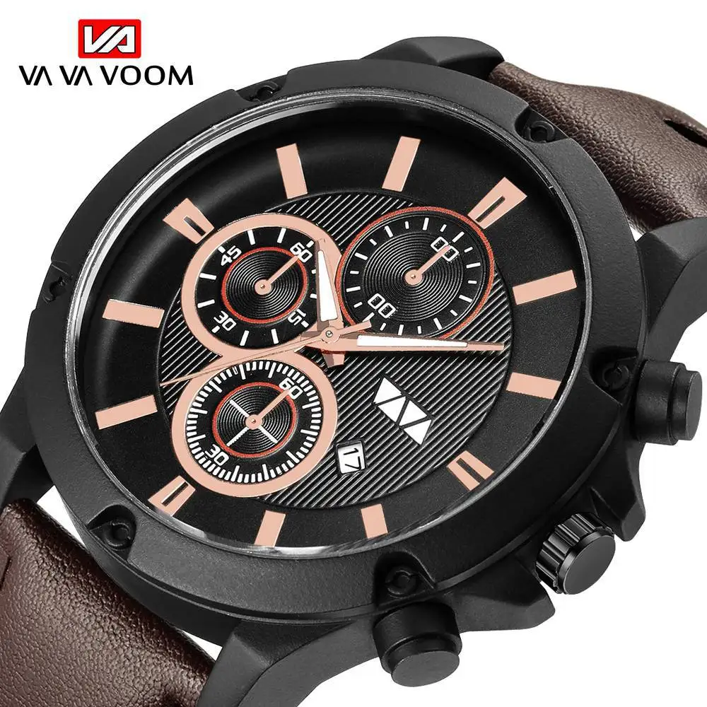 

Va Va Men's Sports Quartz Watch Circular Hole Chronograph 3bar Water Resistant Calendar Fahionable Wristwatch Leather TZEW0002
