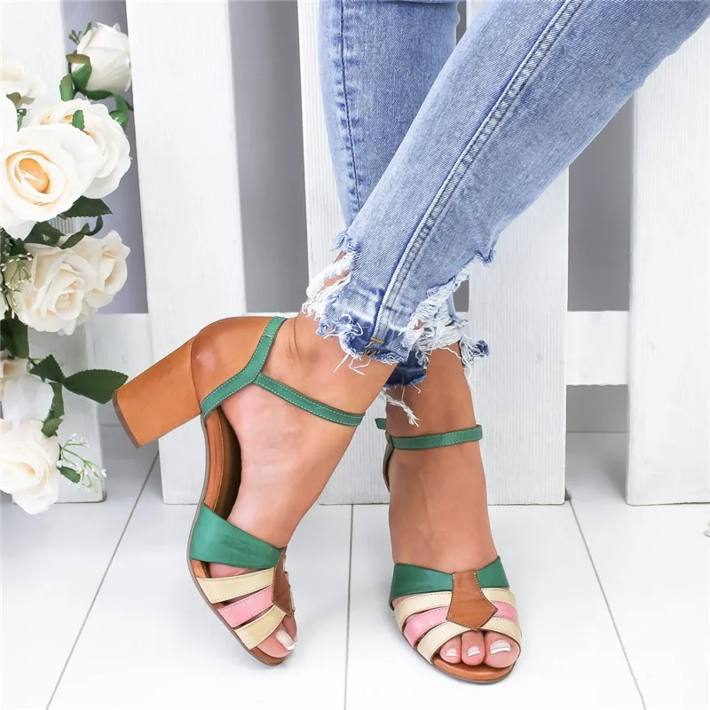 

LOOZYKIT Sandalias Mujer Strap Heel Peep Toe Chunky Heel Sandals Vintage Slip On Elastic Bandage Elegant Platform Sandals New
